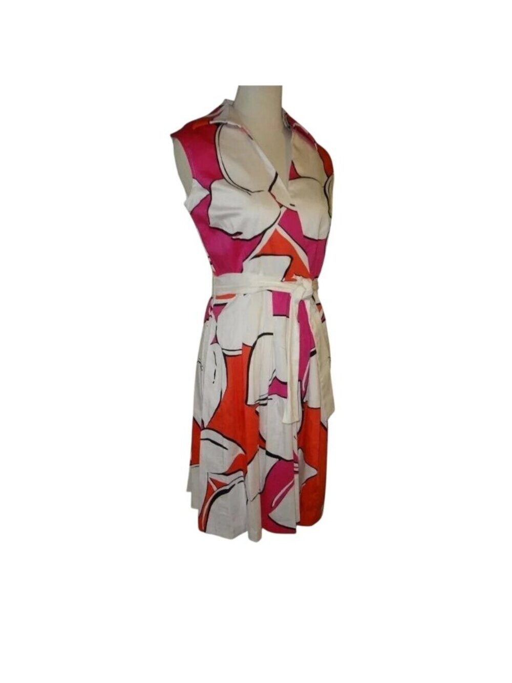🆕SANDRA DARREN Cotton Crossover Bodice Flare Dress Pink Orange 8